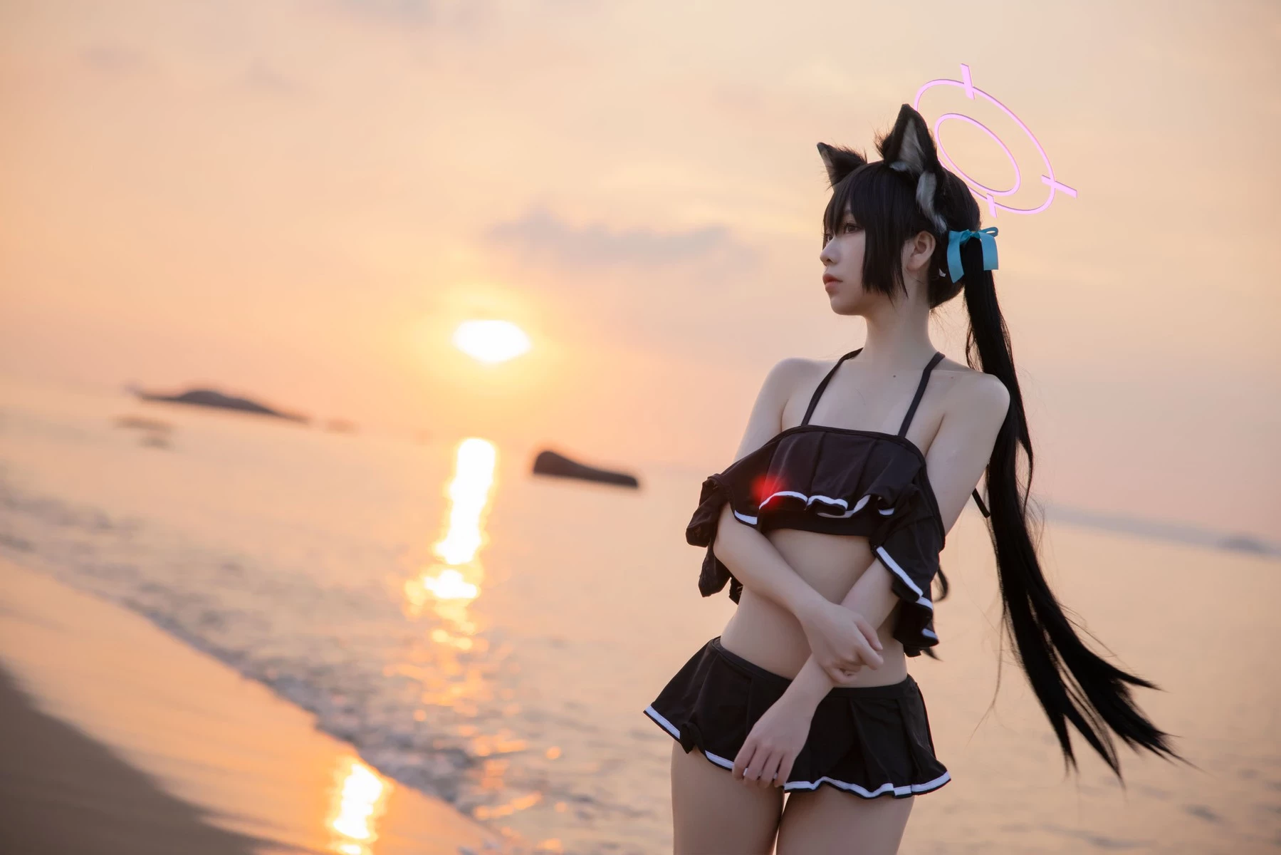 Cosplay G44不會受傷 碧藍檔案 黑見芹香 海邊泳裝